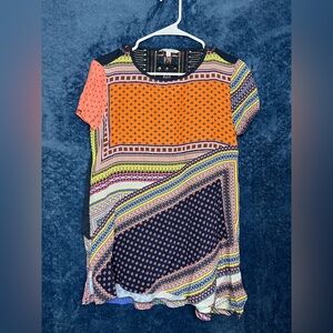 John Mark Tunic Shirt Top S Orange Blue Embroidered Relaxed Loose Asymmetric